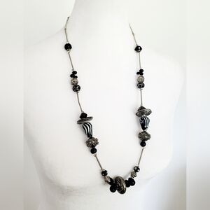 Elegant Long Beaded Necklace feat. Black & White Swirls Glass Filagree Onyx